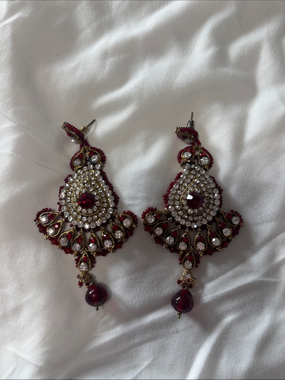 Gold-Tone Red Crystal Drop Chandbali Earrings
